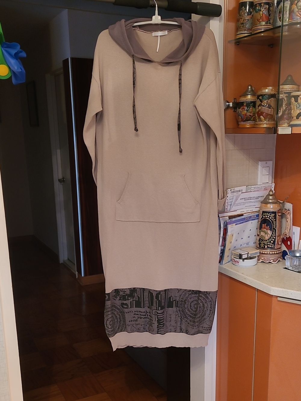 Beige Hoodie Dress with Printed Hem,unusual Style